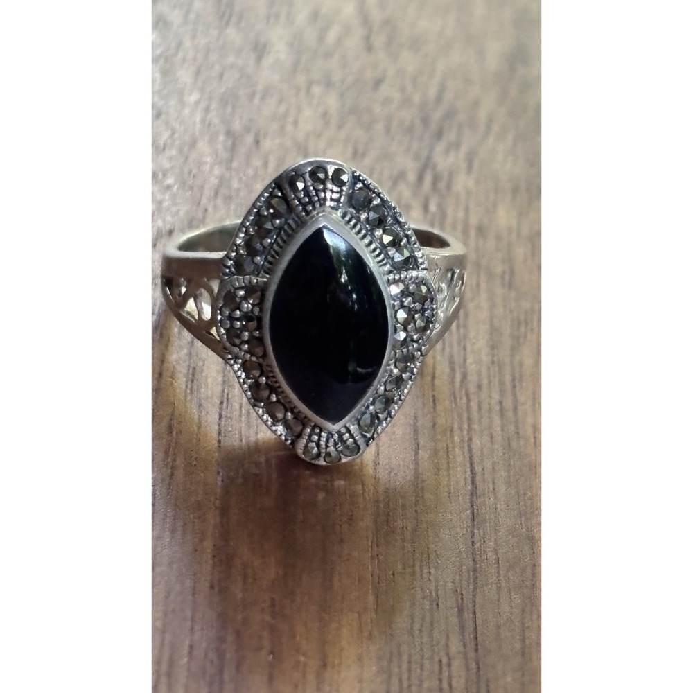 Vintage Black Onyx and Marcasite Ring 925 Sterling Silver 925 Sz 11 - Picture 1 of 7